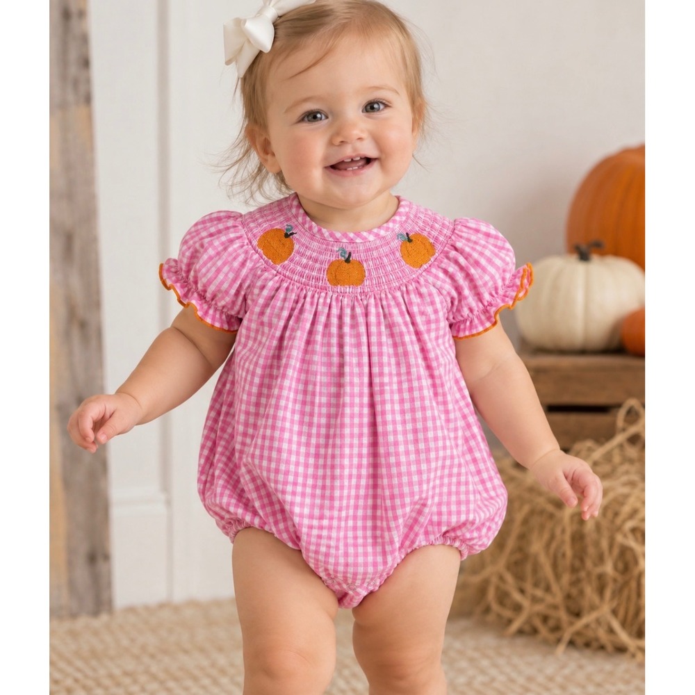 Marie Nicole Pumpkin Smocked Bubble Romper 12-18M Pink Gingham Fall Pumpkin